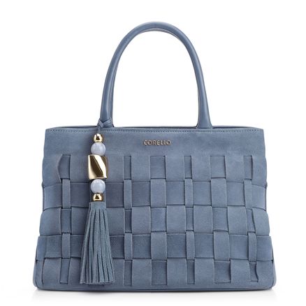 Bolsa Tote Tressê - Couro Camurça/Couro Azul