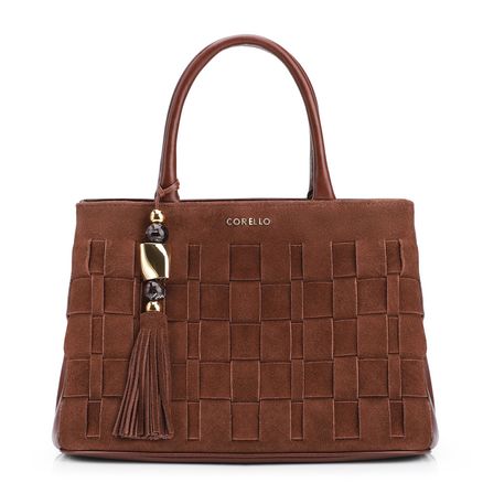Bolsa Tote Tressê - Couro Camurça/Couro Marrom Escuro
