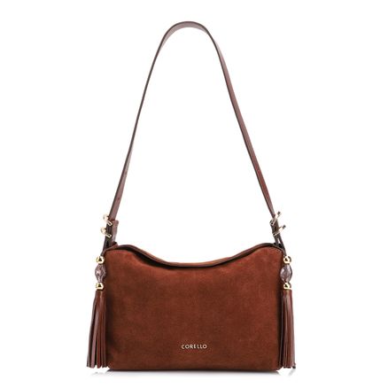 Bolsa Transversal - Couro Camurça/Couro Marrom Escuro
