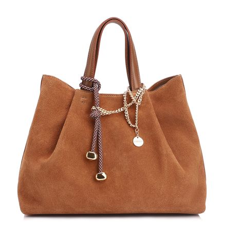 Bolsa Tote Bag Charm - Couro Camurça/Couro Marrom