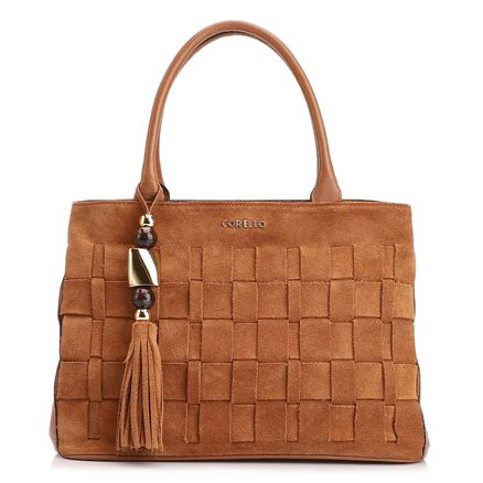 Bolsa Tote Tressê - Couro Camurça/Couro Marrom Claro