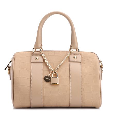 Bolsa De Mão Bowling - Couro Nobuck Croco/Couro Bege