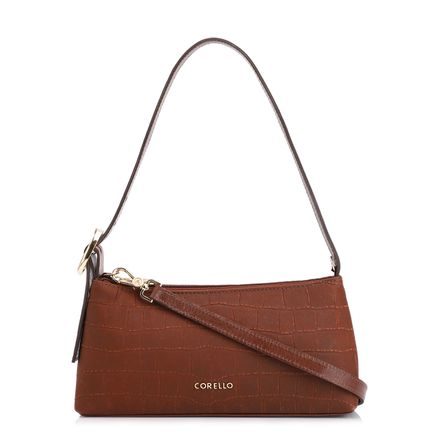 Bolsa De Ombro - Couro Nobuck Croco/Couro Marrom Escuro