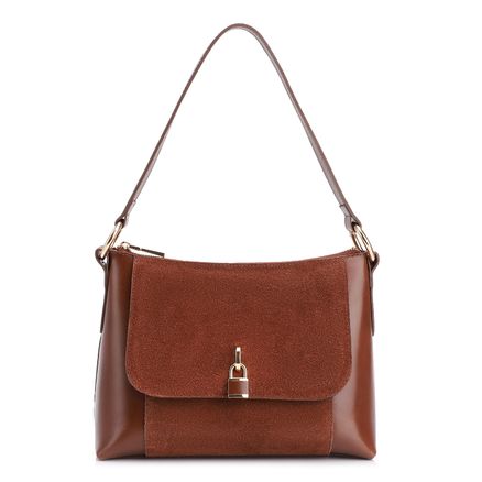 Bolsa De Ombro Cadeado - Couro Camurça/Couro Marrom Escuro