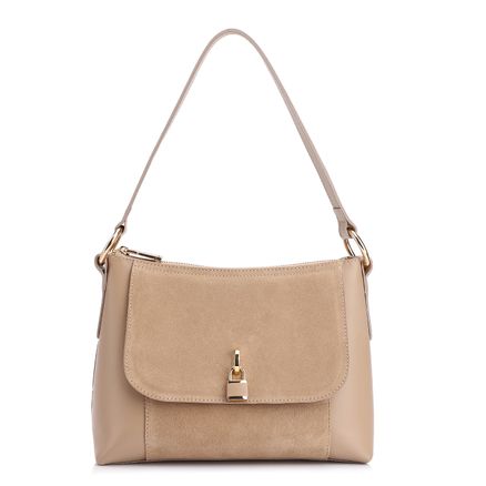 Bolsa De Ombro Cadeado - Couro Camurça/Couro Bege