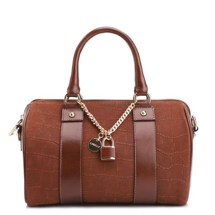 Bolsa De Mão Bowling - Couro Nobuck Croco/Couro Marrom