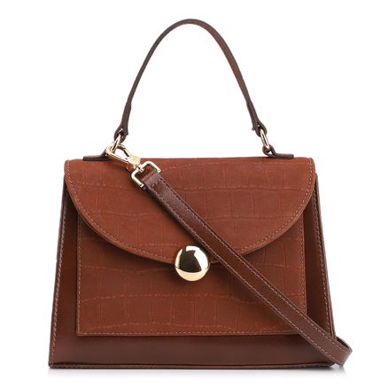 Bolsa Tote - Couro Nobuck Croco/Couro Marrom Escuro