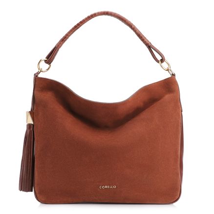 Bolsa Hobo - Couro Camurça/Couro Marrom Escuro