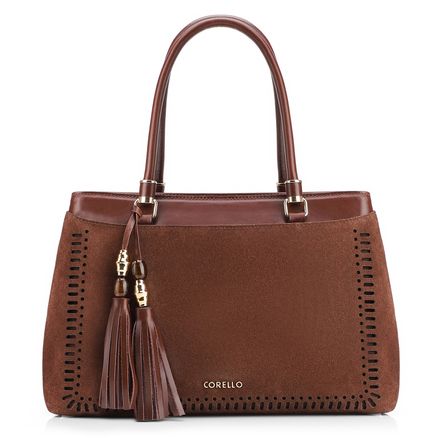 Bolsa Tote Laser Cut - Couro Camurça/Couro Marrom Escuro