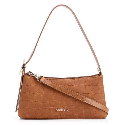 Bolsa De Ombro - Couro Nobuck Croco/Couro Marrom Claro