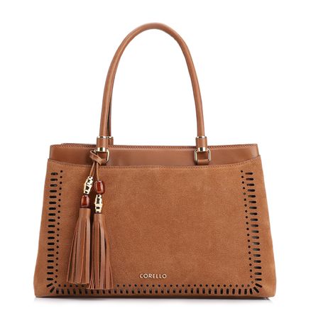 Bolsa Tote Laser Cut - Couro Camurça/Couro Marrom Claro