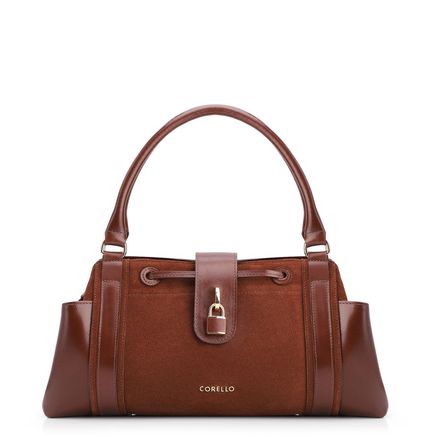 Bolsa Tote Cadeado - Couro Camurça/Couro Marrom Escuro