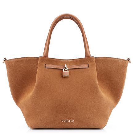 Bolsa Tote Cadeado - Couro Camurça/Couro Marrom Claro