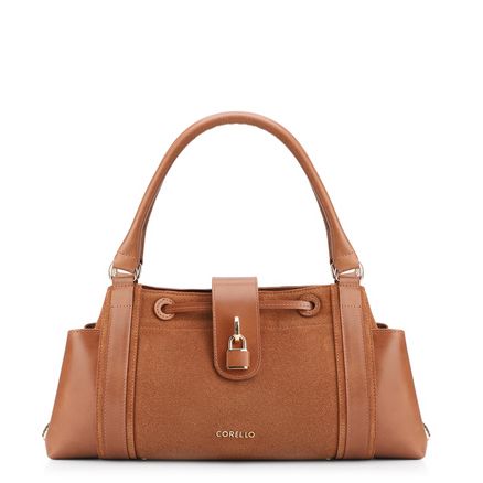 Bolsa Tote Cadeado - Couro Camurça/Couro Marrom Claro