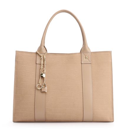 Bolsa Tote Bag Charm - Couro Nobuck Croco/Couro Bege