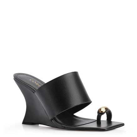 Mule Anabela Toe Ring - Couro Preto