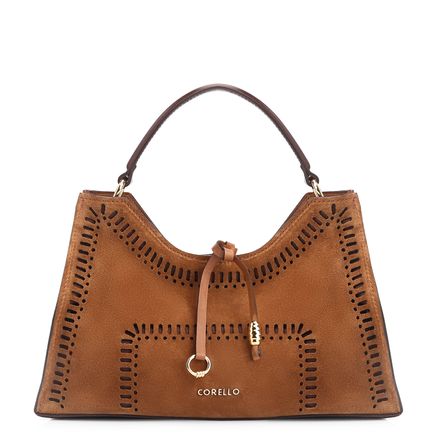 Bolsa De Mão Laser Cut - Couro Camurça/Couro Marrom