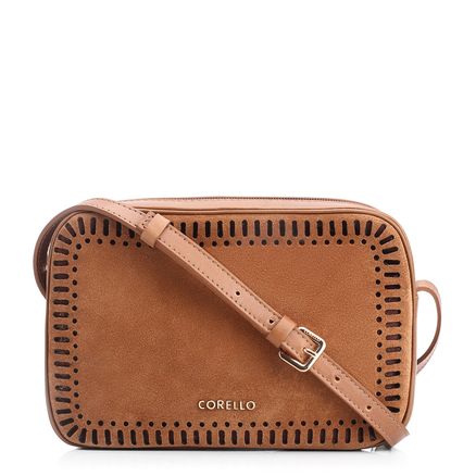 Bolsa Transversal Laser Cut - Couro Camurça/Couro Marrom Claro