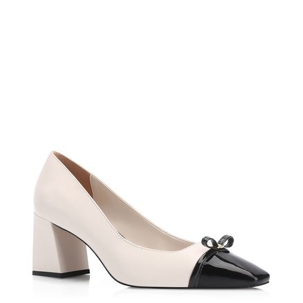 Scarpin Laço - Couro Off White/Verniz Preto