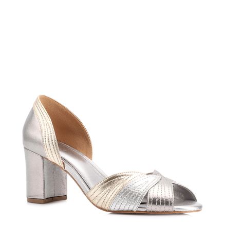 Peep Toe Folha - Couro Prata/Dourado/Grafite