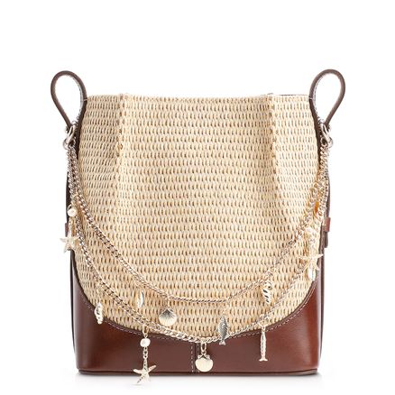 Bolsa Transversal Bag Charm Bucket - Couro Marrom/Ráfia Natural