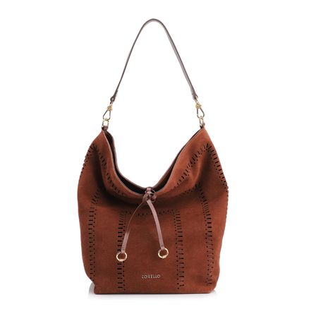 Bolsa Hobo Laser Cut - Couro Camurça/Couro Marrom Escuro