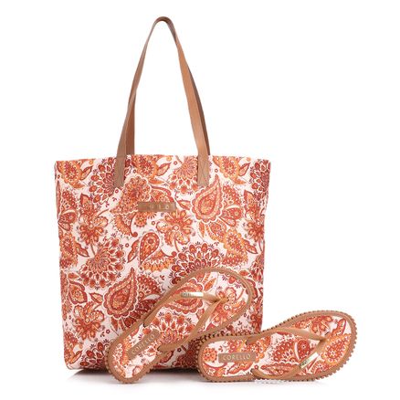 Kit Bolsa Sacola e Rasteirinha - Alt Paisley Marrom/Off White