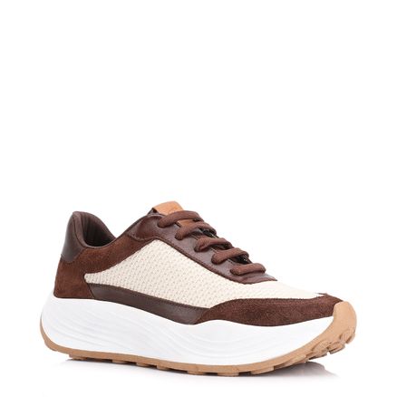 Tênis Plataforma - Couro Camurça Marrom/Tela Off White