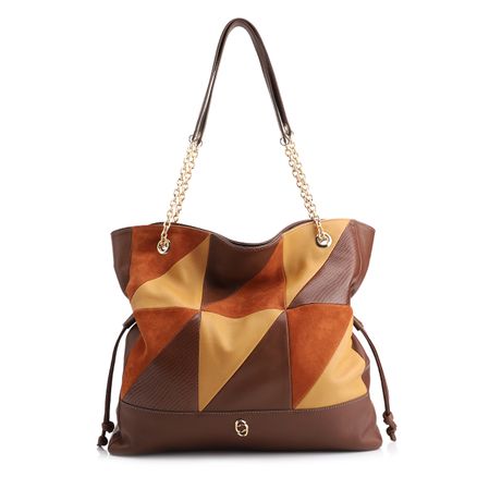 Bolsa Hobo Patchwork - Couro Marrom/Patchwork Colorido