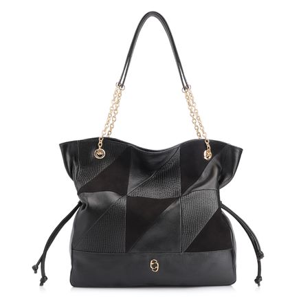 Bolsa Hobo Patchwork - Couro Preto/Patchwork Preto