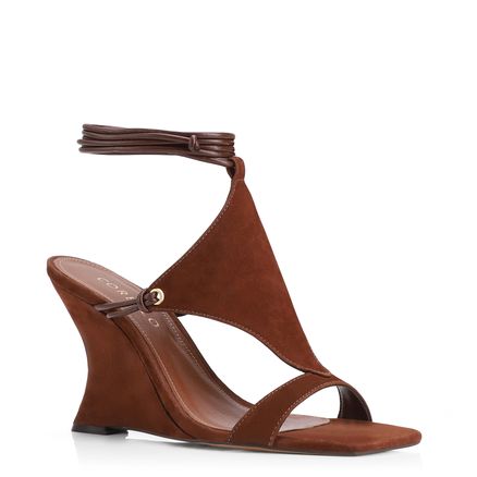 Sandália Anabela - Couro Nobuck Marrom Escuro