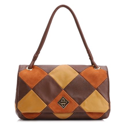 Bolsa De Ombro Patchwork - Couro Marrom/Couro Colors