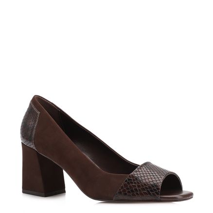 Peep Toe -  Couro Nobuck Marrom /Alt Python Marrom