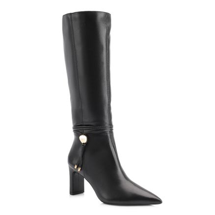 Bota - Preta Cano Alto Salto Alto Couro Pingente Dourado