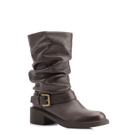 Bota - Marrom Cano Médio Salto Médio Couro Slouch Fivela