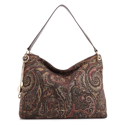 Bolsa Hobo - Jacquard Paisley /Couro Marrom Escuro