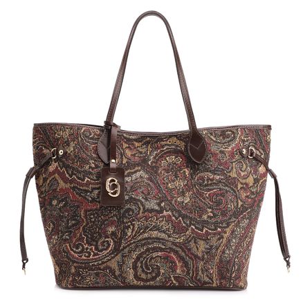 Bolsa Sacola - Jacquard Paisley  /Couro Marrom Escuro