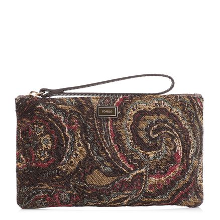 Bolsa Pequena - Jacquard Paisley /Couro Marrom Escuro