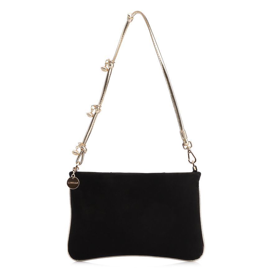 Bolsa De Ombro - Couro Nobuck Preto/Alt Dourado