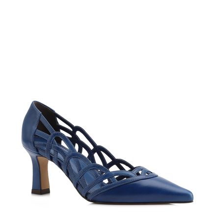 Scarpin -  Azul Salto Bloco  Médio Couro Bico Fino Recortes