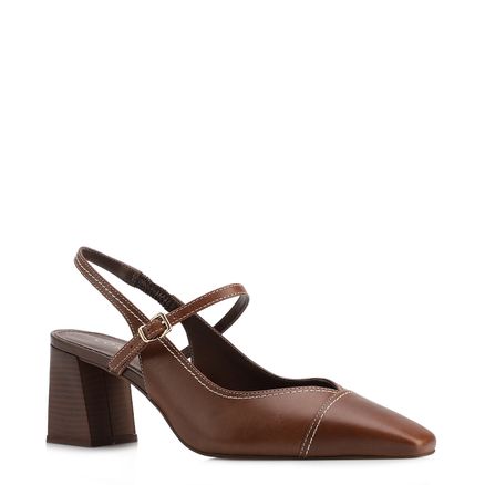 Scarpin - Marrom Salto Bloco Médio Couro Pesponto Slingback