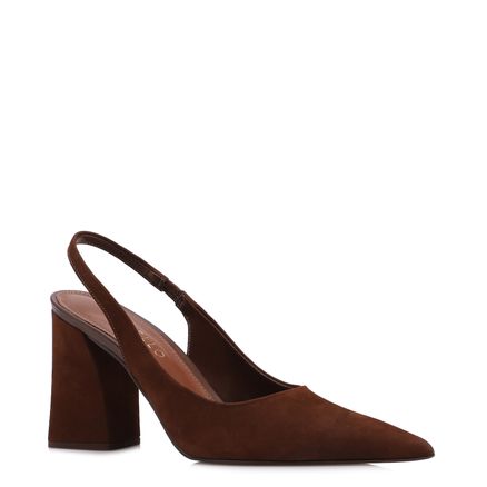 Scarpin - Marrom Salto Bloco Alto Couro Nobuck Slingback