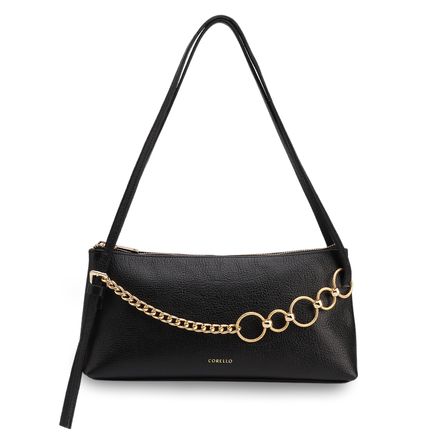 Bolsa De Ombro - Média Couro Antique Preta Corrente Frontal Dourada