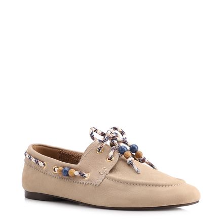Mocassim - Bege Couro Nobuck Floater Amarração Miçangas