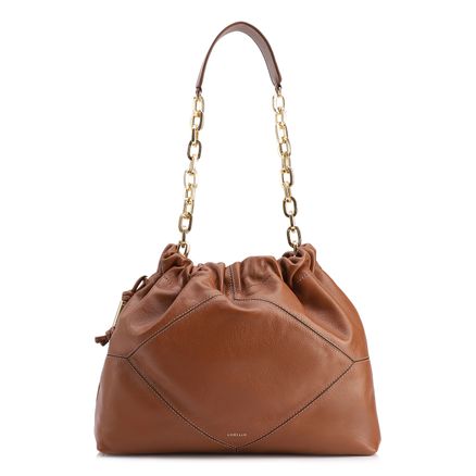 Bolsa De Ombro - Grande Couro Marrom Claro Alça Com Corrente Dourada