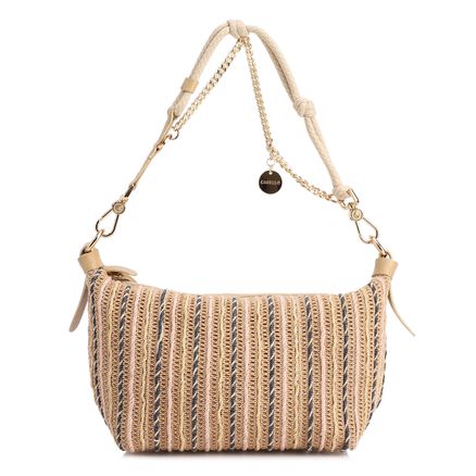 Bolso De Ombro -  Pequena Bege Couro Alt Ráfia Tramada Corrente Dourada