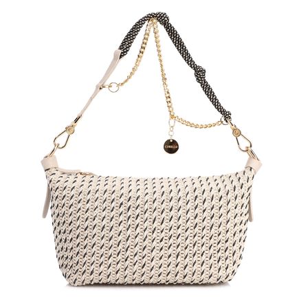 Bolsa De Ombro - Pequena Off White Couro Alt Ráfia Tramada Bicolor