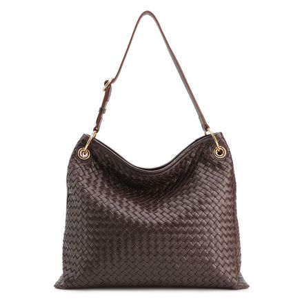 Bolsa Hobo - Grande Couro Marrom Escuro Tressê Argola
