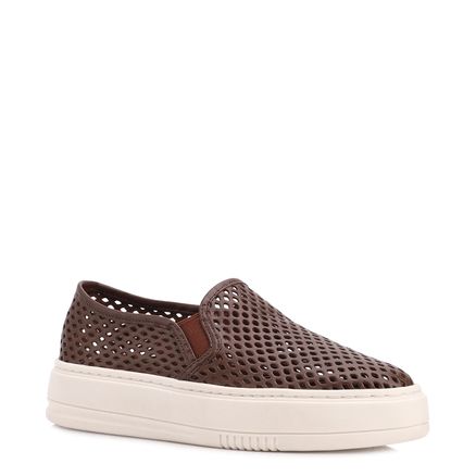 Tênis - Marrom Couro Recortes Slip On