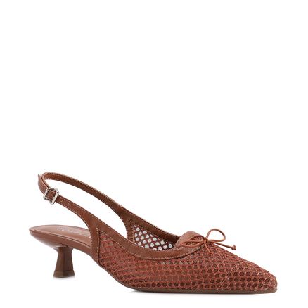 Scarpin -  Marrom Claro Salto Baixo Slingback Tela Alt Laço